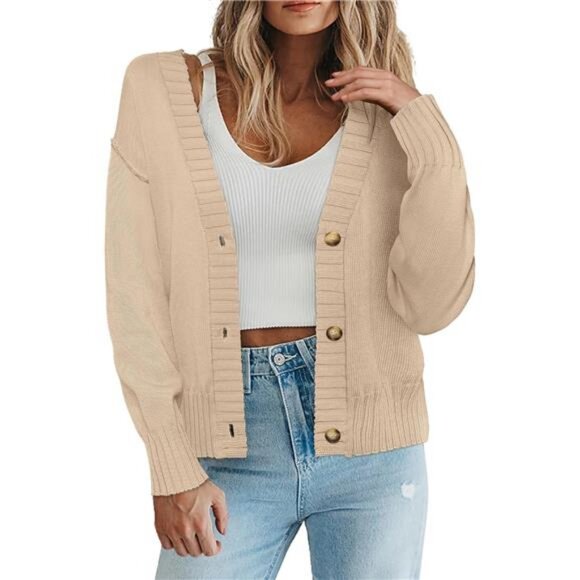 Women's Cropped Cardigan Fall Button Sweaters V Neck Long Sleeve